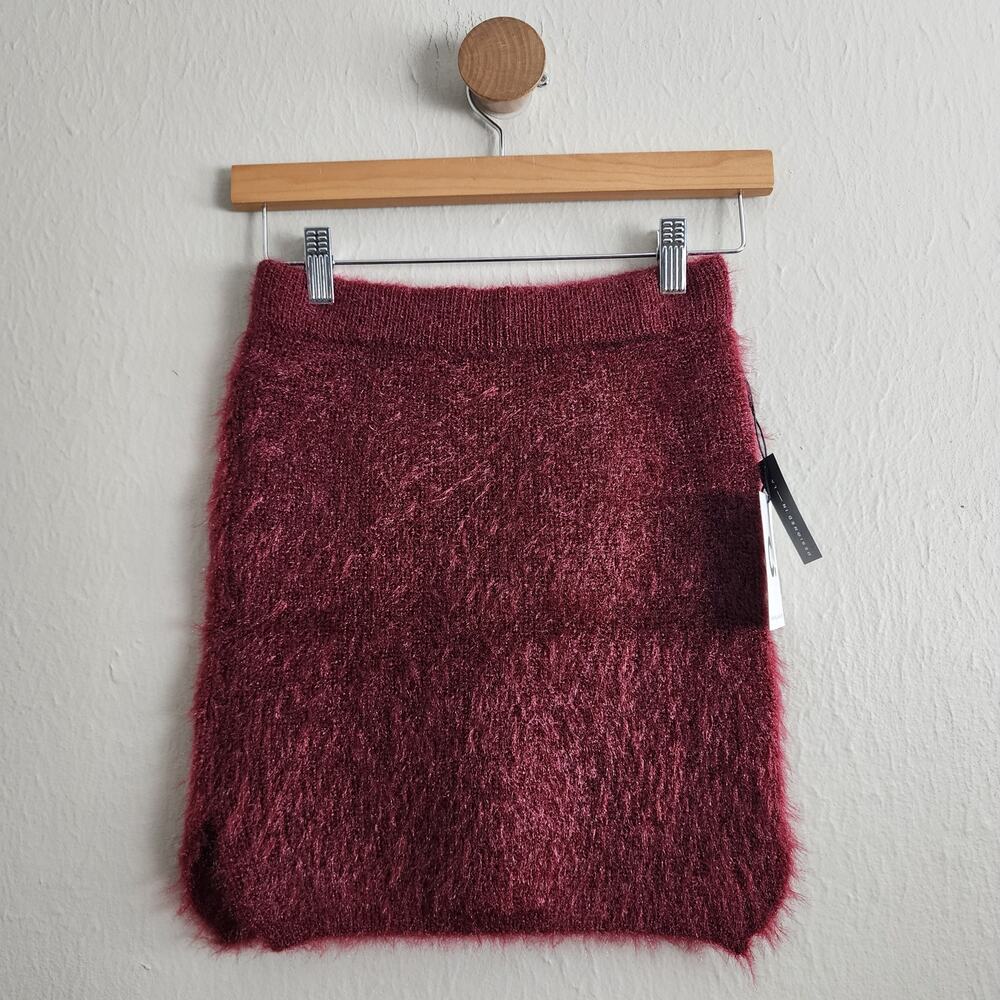 NWT Callahan Revolve Genny Eyelash Fuzzy Knit Mini Sweater Skirt Burgundy XS
